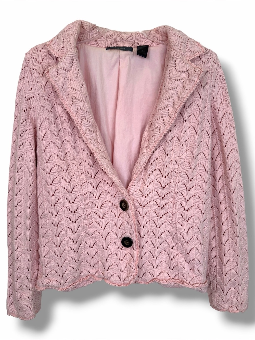 Liz Claiborne Pink Crochet Knit Vintage Cotton Cardigan Blazer Jacket size Large